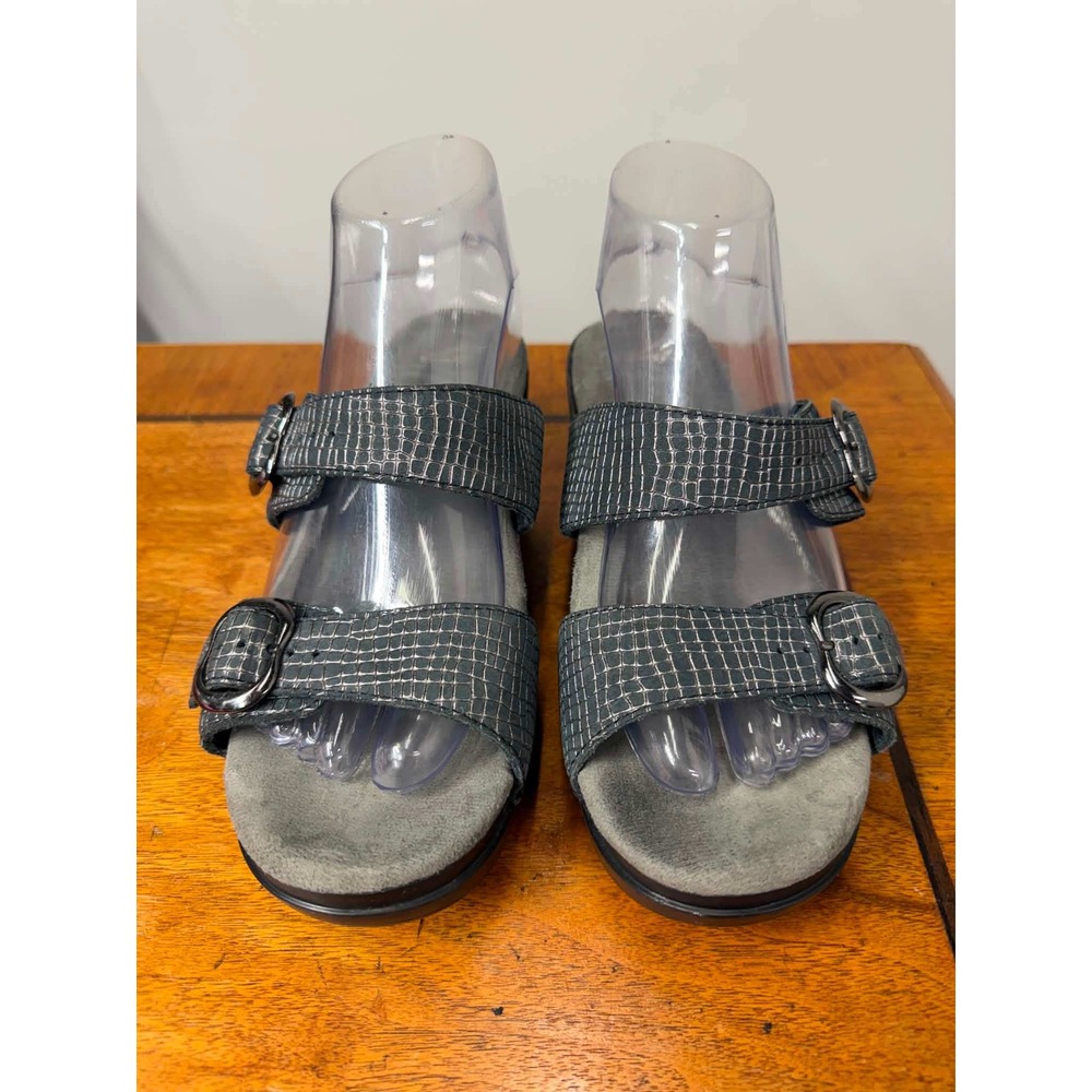 Dansko Women's  8 EU 38 Blue Gray Gold Grid Leather Buckle Slide Wedge Sandals